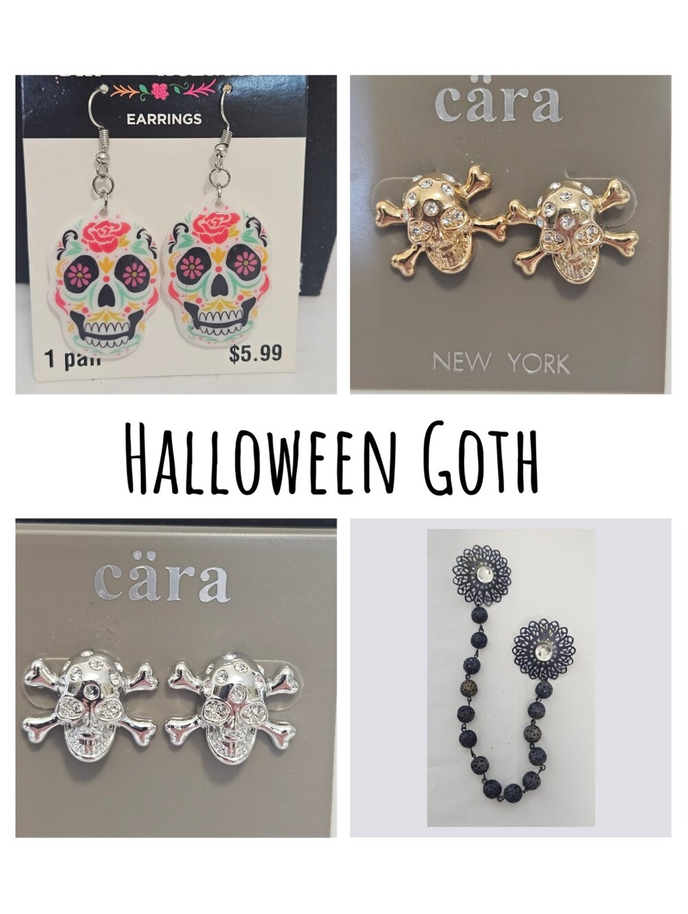 Gothic Skull Earring Lot CäRA NY Rhinestone Studs Dia de los Muertos Filigree